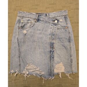 Free People We The Free Parker Wrap Denim Mini Skirt Waist 27in Distressed EUC